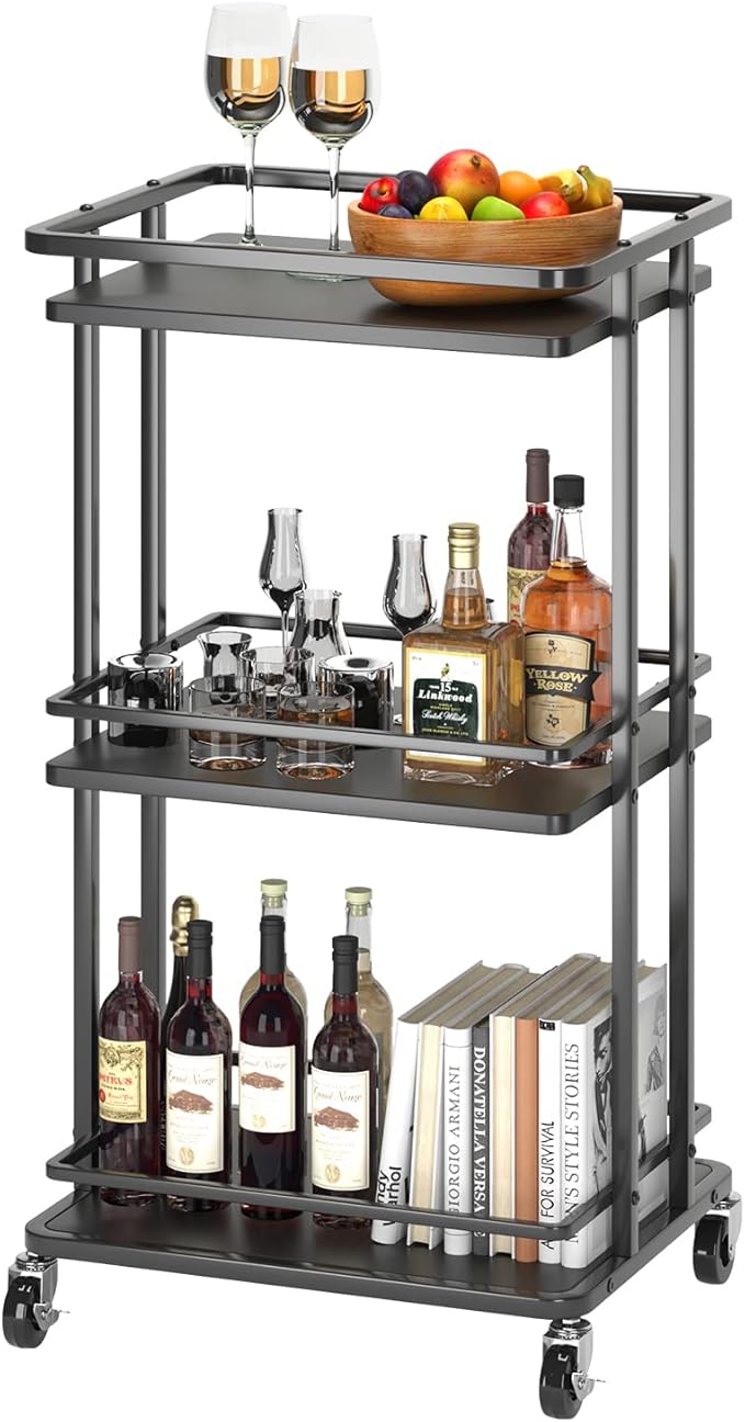 XYZLVSI 3-Tier Rolling Serving Bar Cart, Wood and Metal Kitchen Island Storage Cart with Wheels, Multifunction Utility Cart Storage Rack for Home, Kitchen, Bar, Dinning Room, Living Room (Black)