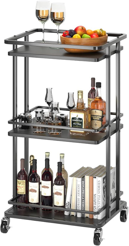 XYZLVSI 3-Tier Rolling Serving Bar Cart, Wood and Metal Kitchen Island Storage Cart with Wheels, Multifunction Utility Cart Storage Rack for Home, Kitchen, Bar, Dinning Room, Living Room (Black)