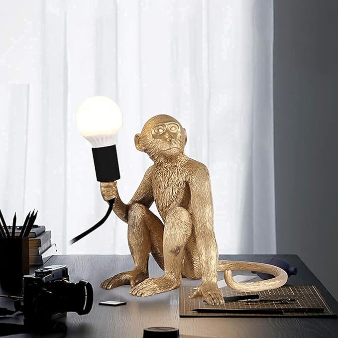 LOYALHEARTDY Modern Table Light Monkey Desk Lamp Resin Sitting Monkey Lighting Fixture for Living Room, Bedroom, Office, College Dorm Decoration (Gold, Table Lamp)