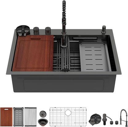 Sarlai Waterfall Kitchen Sink 30 Inch Black Drop In Kitchen Sink Topmount 16 Gauge Stainless Steel 30x22 Inch Single Bowl Multifuction Workstation Top Mount Sinks with Double Knob