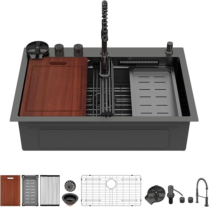 Sarlai Black Waterfall Drop Kitchen Sink 33 Inch Drop In Workstation Kitchen Sink Topmount 16 Gauge Stainless Steel 33x22 Inch Single Bowl Multifuction Workstation Top Mount Sinks with Double Knob