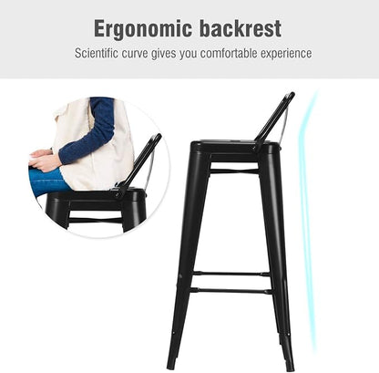 COSTWAY Metal Bar Stools Set of 4, with Removable Back, 30‘’ Bar Height with Rubber Feet, Stylish and Modern Chairs, for Kitchen, Dining Rooms, and Side Bar (Black, 30'')