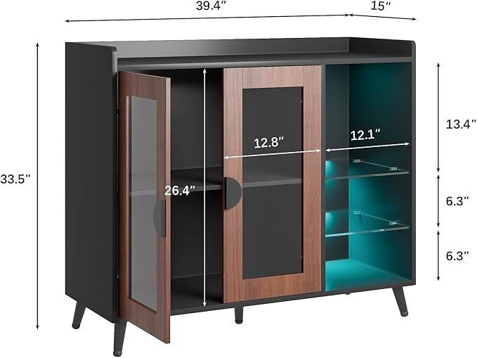 HedoAjim Sideboard Buffet Cabinet with Storage, Farmhouse Buffet Table Coffee Bar Storage Cabinet with 4 Doors, 3 Drawers and Shelves, Sideboard for Dining Room Kitchen (Brown)