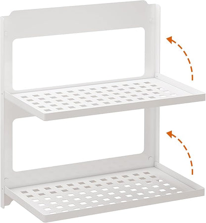 2-Tier Folding Metal Wall Shelf | Wall Mounted Stackable Floating Shelves | Fold Up 90° | Save Space | 13.4 Inch Wide | 2 Levels of Shelves for Laundry Room Bathroom Rv Utility Indoor (White)