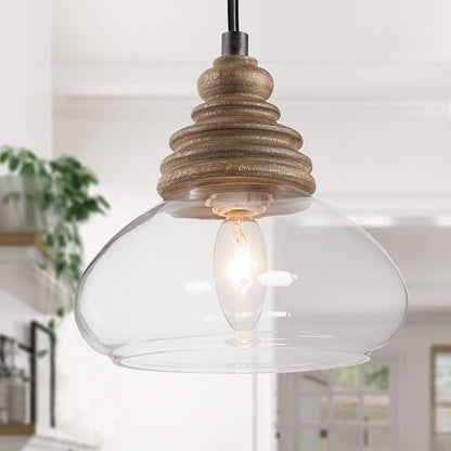 LOG BARN Farmhouse Pendant Light with Wood & Clear Glass for Kitchen, Entryway, Bedroom, Dining & Living Room - 7.5" X 7.5" X 7.5"