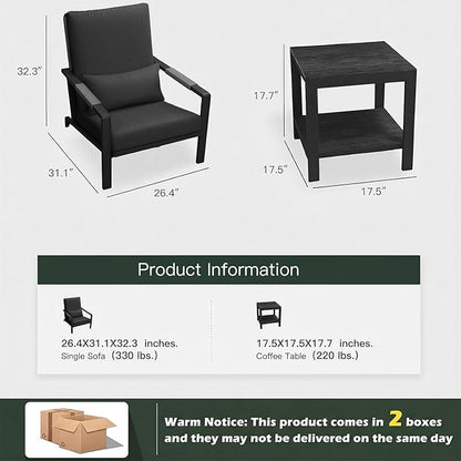 Patio Furniture Set, 3 Pieces Outdoor Patio Furniture with Coffee Table Set, Metal Patio Conversation Sets with Washable and High-Resiliency Sponge Cushions,Upgarded Grey