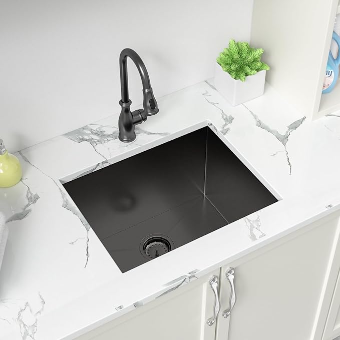 Sarlai Black Undermount Laundry Sink 23 Inch - 13 Inch Deep Undermount Laundry Utility Gunmetal Black Sink Single Bowl Kitchen Sinks 16 Gauge Stainless Steel Laundry Tub Sinks Basin 23"x18"x13"