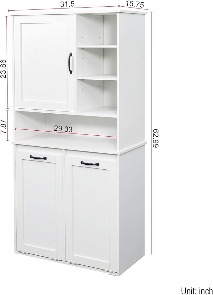 KEIKI 62.99'' H Laundry Cabinet with Doors and shelf, Tilt-Out Laundry Hamper, Multiple Storage Space, Freestanding Style, Open Shelve, Adjustable Shelf, White, (Style C)