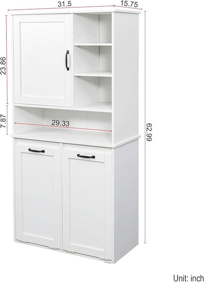 KEIKI 62.99'' H Laundry Cabinet with Doors and shelf, Tilt-Out Laundry Hamper, Multiple Storage Space, Freestanding Style, Open Shelve, Adjustable Shelf, White, (Style C)