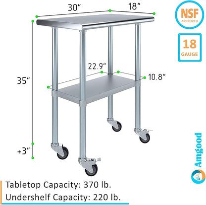 Stainless Steel Work Table with Wheels | NSF Kitchen Island Food Prep | Laundry Garage Utility Bench (Table + Wheels, 30" Long x 18" Deep)