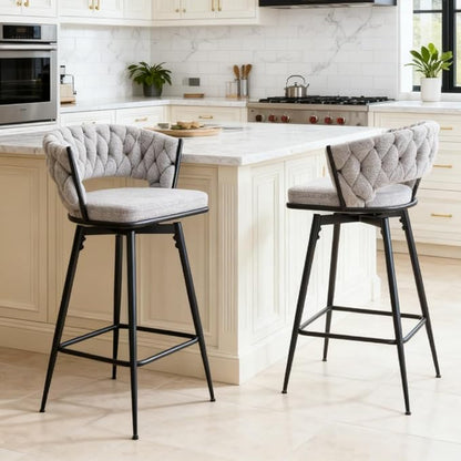 Set of 2 Swivel Bar Stools with Breathable Linen Cushions Light Gray Seat Black Iron Frame, Counter Height Stools for Kitchen Island, Dining or Pub