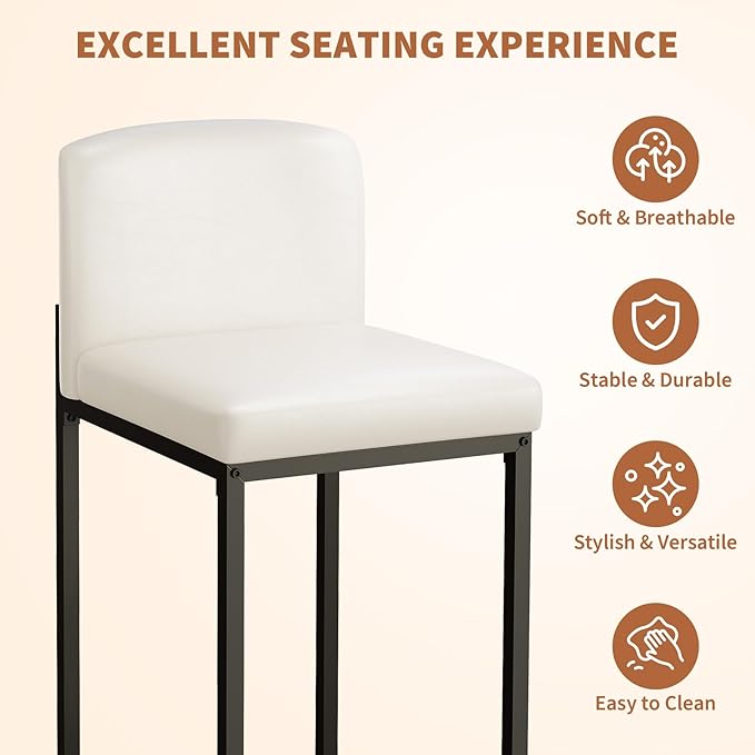 GarveeHome Bar Stools Set of 6, Modern Counter Height Bar Stools with Back and Footrest, Faux Leather Upholstered Barstools Chairs for Kitchen Island Dining Room Bar, White