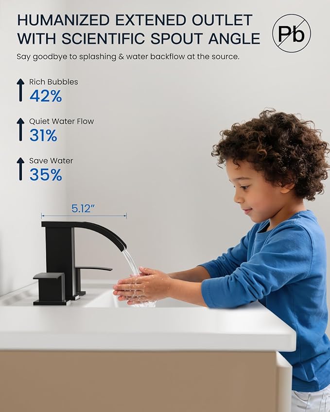 gotonovo Waterfall 8 inch Widespread Bathroom Faucet Set Bathroom Sink Faucet 3 Hole 2 Handle Vanity Lavatory Deck Mount with Pop Up Drain and Water Supply Lines Square Body Matte Black