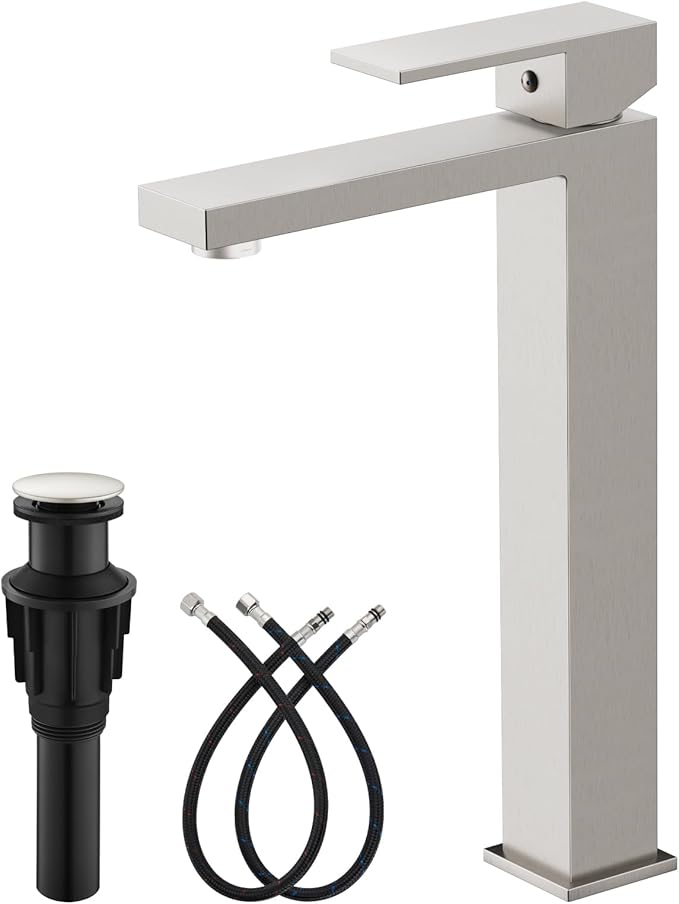 gotonovo Vessel Sink Faucet Single Handle Tall Bathroom Faucet One Hole Modern Lavatory Vanity Basin Mixer Tap Matching Supply Hoses and Pop up Drain Without Overflow, Brushed Nickel