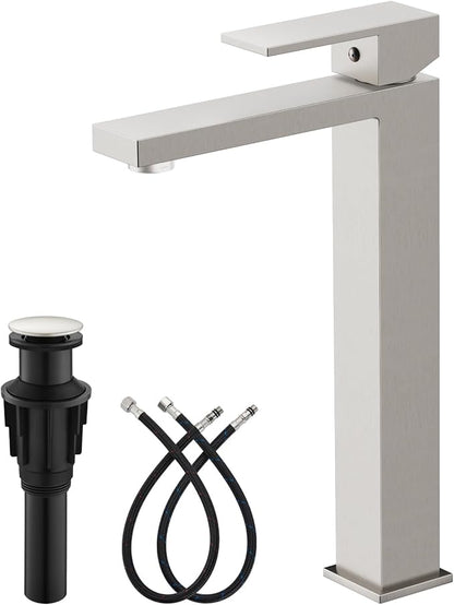 gotonovo Vessel Sink Faucet Single Handle Tall Bathroom Faucet One Hole Modern Lavatory Vanity Basin Mixer Tap Matching Supply Hoses and Pop up Drain Without Overflow, Brushed Nickel