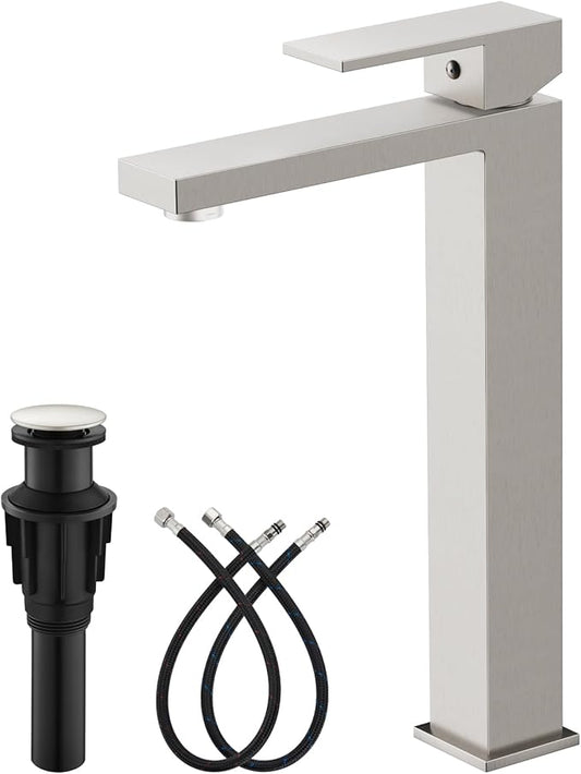 gotonovo Vessel Sink Faucet Single Handle Tall Bathroom Faucet One Hole Modern Lavatory Vanity Basin Mixer Tap Matching Supply Hoses and Pop up Drain Without Overflow, Brushed Nickel
