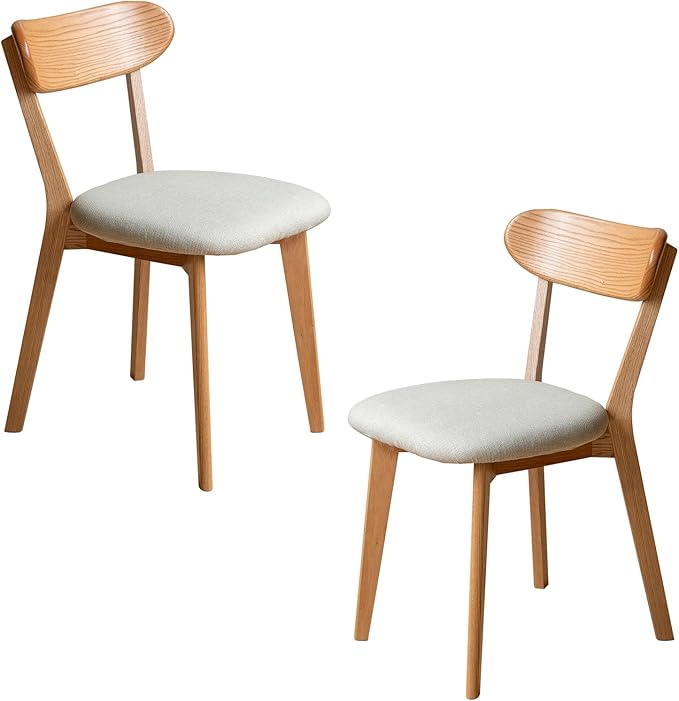 Dining Chairs Set of 2, Solid Oak Wood Frame with Pear White Thick Upholstered Seat, Mid-Century Modern Wooden Curved Backrest, Heavy Duty 400 lb Capacity Padded Chairs for Dining Room & Kitchen