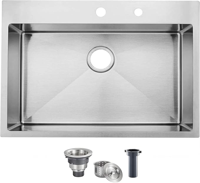 KINGO HOME 28 Inch Drop in Kitchen Sink, 304 Stainless Steel Single Bowl Basin, Top Mount 16 Gauge 28x18 Inch Brushed Nickel Dishwasher Sinks for Workstation, RV, Laundry, Commercial and Bar Sink