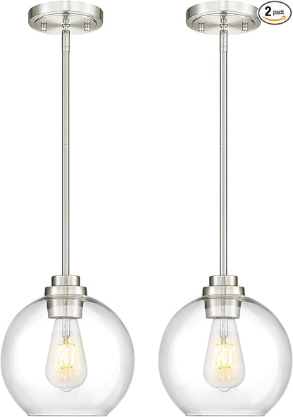 2 Pack Pendant Lights Kitchen Island, 8" Brushed Nickel Pendant Light Fixtures with Globe Clear Glass Shade, Modern Kitchen Island Lighting for Bathroom, AD-22280-2PL-SN
