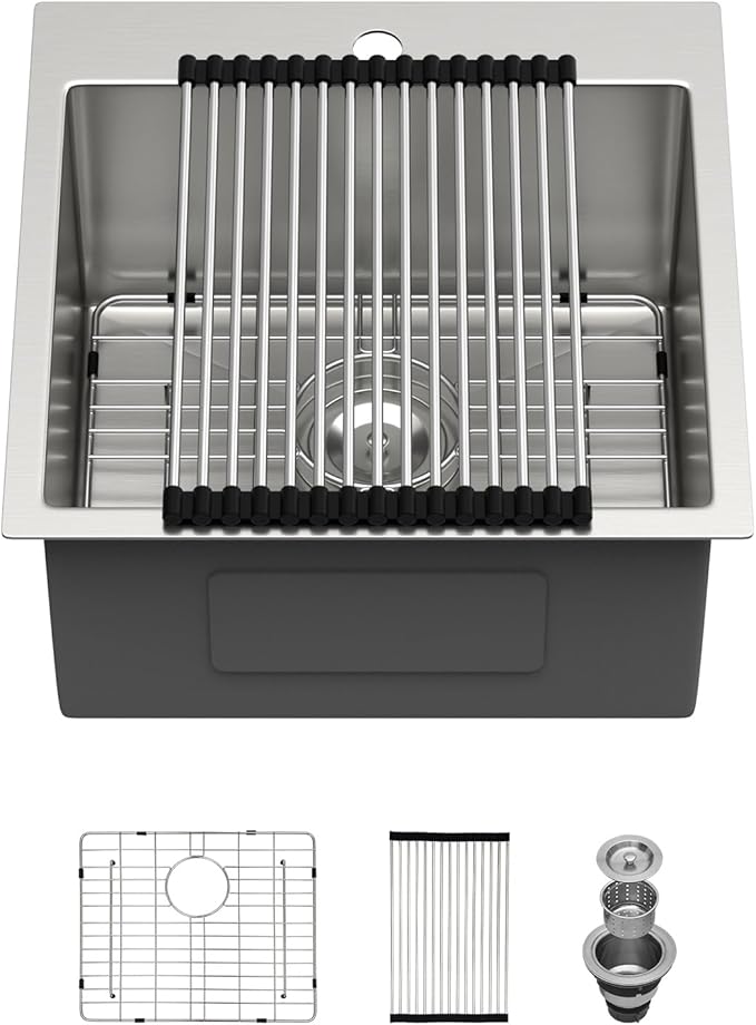18 Outdoor Kitchen Sink - Beslend 18x18 Outdoor Sink Bar Sink RV Sinks Drop In, 16 Gauge Stainless Steel Topmout Kitchen Sinks Wet Bar Sinks Square Single Bowl Above Counter Indoor Outdoor