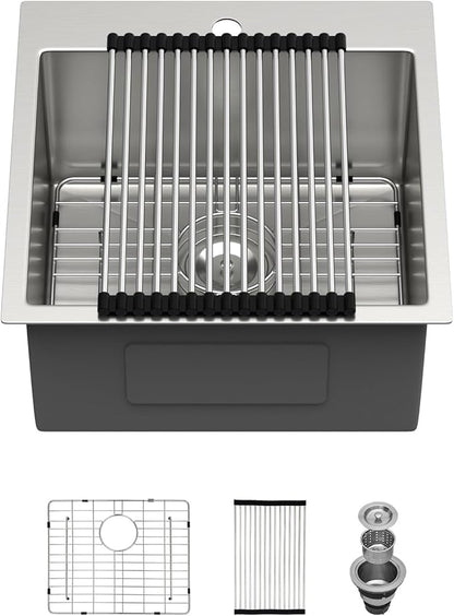 18 Outdoor Kitchen Sink - Beslend 18x18 Outdoor Sink Bar Sink RV Sinks Drop In, 16 Gauge Stainless Steel Topmout Kitchen Sinks Wet Bar Sinks Square Single Bowl Above Counter Indoor Outdoor