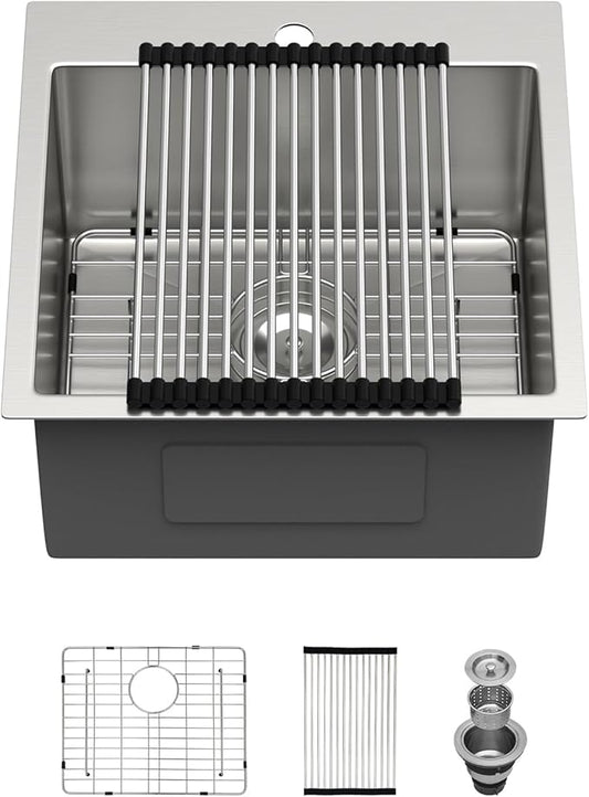18 Outdoor Kitchen Sink - Beslend 18x18 Outdoor Sink Bar Sink RV Sinks Drop In, 16 Gauge Stainless Steel Topmout Kitchen Sinks Wet Bar Sinks Square Single Bowl Above Counter Indoor Outdoor