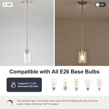 Modern Farmhouse Brushed Nickel Pendant Lights, Mini Hanging Light Fixture with Clear Glass Shade, Adjustable Rods for Kitchen Island, Sink, Bar (1 Pack)