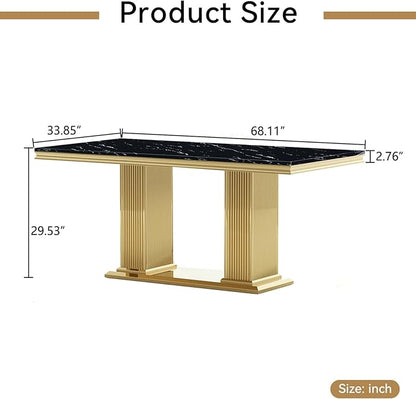 Henf Black Dining Table for 4 6, 68" Marble Dining Room Table with Gold Stainless Steel Double Pillar Base, Modern Kitchen & Dining Room Tables Rectangle Faux Marble Dinner Table for 4 6