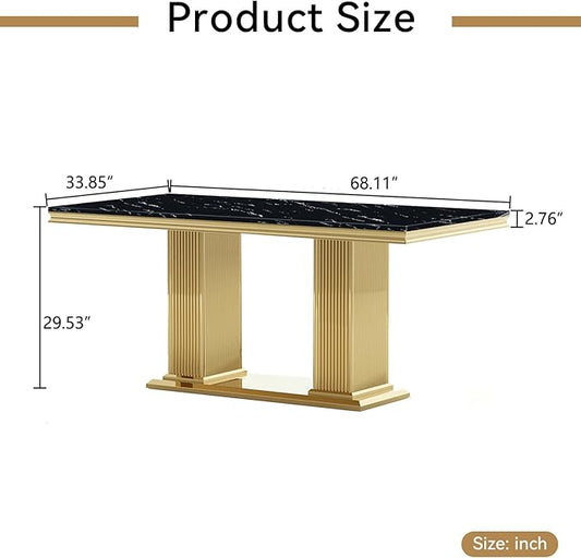 Henf Black Dining Table for 4 6, 68" Marble Dining Room Table with Gold Stainless Steel Double Pillar Base, Modern Kitchen & Dining Room Tables Rectangle Faux Marble Dinner Table for 4 6