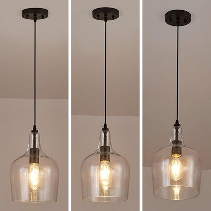 Seeded Glass Pendant Light Modern Black 1 Light Single Dome Pendent Lighting Fixtures for Kitchen Island Dining Room Hallway, Dia 9 Inch, E26, UL Listed