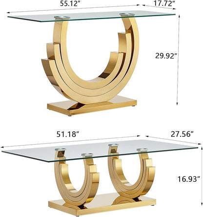 Glass Living Room Table Set of 2, Modern Glass Coffee Table with 1 Console Tables Set for Apartment, Luxury Coffee Table Sets Perfect for Living Room, Stainless Steel Frame