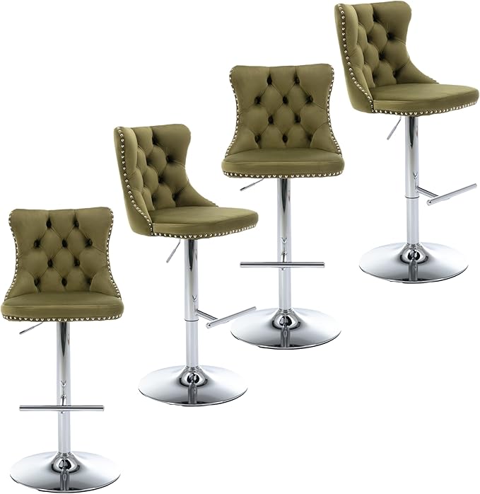 Rhomtree Velvet Swivel Bar Stools with Button Tufted Back and Pull Ring Height Adjustable Barstools 25-33 Inch for Home Pub and Kitchen Island (Olive-Green with Silver Base, Set of 4)