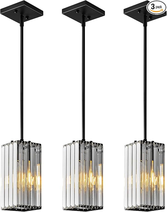 Modern Pendant Light Black Rectangle Pendant Lighting Mini Crystal Chandeliers Adjustable Pendant Light Fixture for Kitchen Island Dinning Room Living Room Corridor Bedroom(Black 3-Pack)
