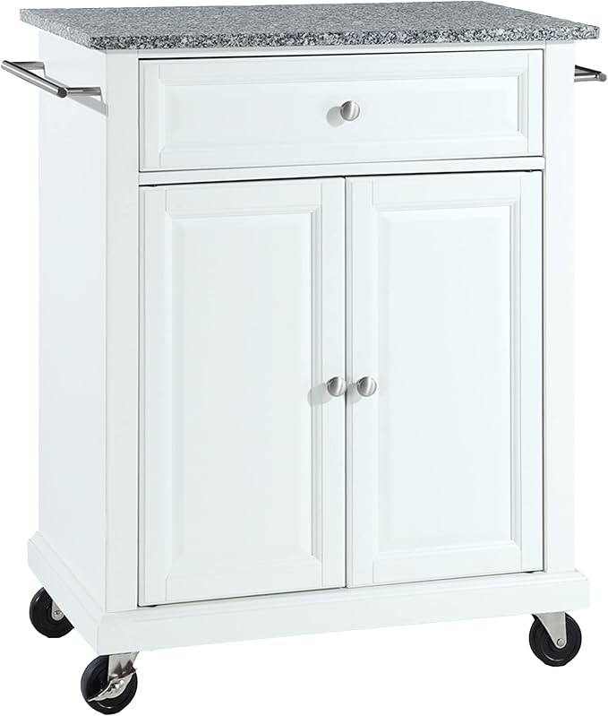 Crosley Furniture Compact Granite Top Small Rolling Cart with Shelves, Microwave Stand with Towel Rack, White