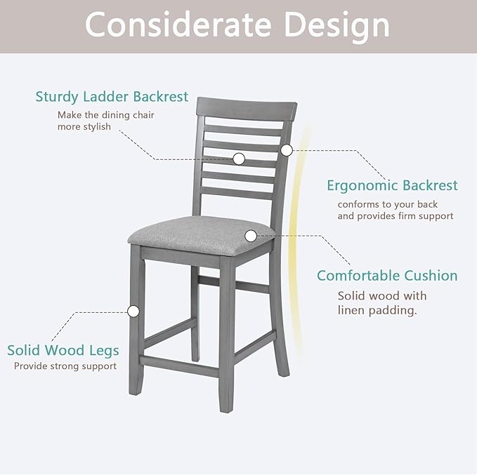 Counter Height Dining Chairs Set of 4, Gray Wooden Bar Stools with Ergonomic Ladder Back & Padded Linen Seat, Kitchen Chairs for Dining Room, Living Room