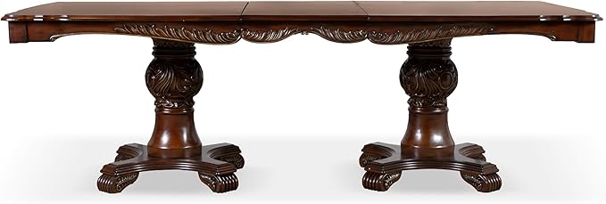 Furniture of America Adair Traditional Solid Wood 95-inch Expandable Dining Table with Double Pedestal and Carved Details, Seats up to 8, for Home, Kitchen, Living Room, Dark Cherry