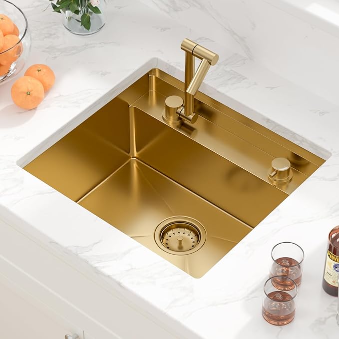 Sarlai Gold Undermount Bar Sink - 21x19 Inch Outdoor Kitchen Sink RV Workstation Gold 16 Gauge Stainless Steel Single Bowl Handmade Outdoor BBQ Sinks With Foldable Faucet