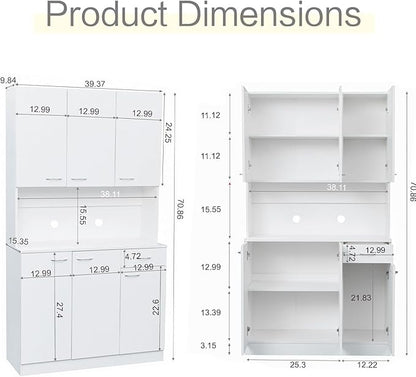 DMAITH 71" White Kitchen Pantry Cabinets with Microwave Stand, 6 Doors & 3 Adjustable Shelves, Freestanding China Cabinet Hutch, Buffet Cabinet with Storage