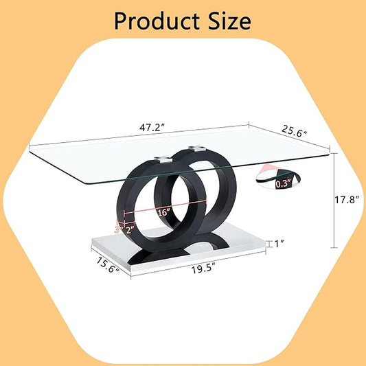 Glass Coffee Table for Living Room, 47" Modern Rectangle Coffee Tables with Tempered Glass Top and Unique Wooden Base, Clear Center Table for Living Room, Apartment, Office