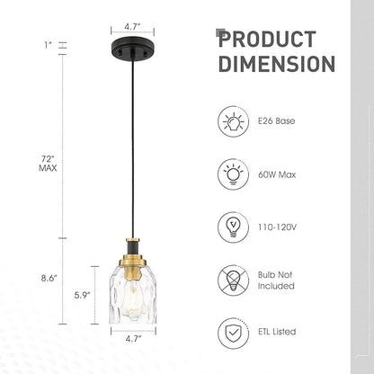 zeyu Pendant Light 2 Pack, Vintage Adjustable Hanging Light for Hallway, Haning Light Fixture Ceiling with Water Ripple Glass Shade, Black and Gold Finish, ZG33M1L-2 BK+BG-WG