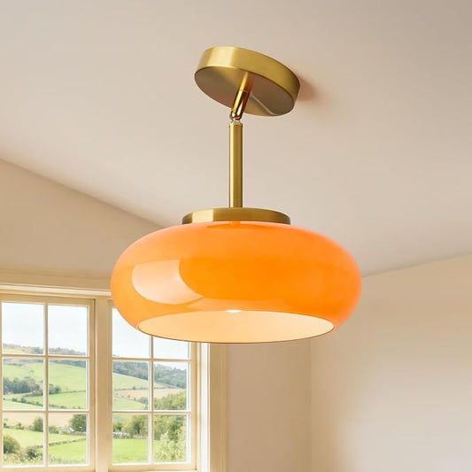 Glass Pendant Lights Kitchen Iisland，Gold Modern Ceiling Lamp with Orange Glass Shade Adjustable Mid Century Hanging Light Fixtures for Schoolhouse, Dining Room, Living Room,Sink