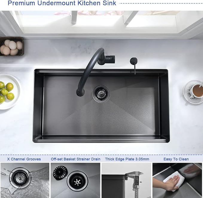 25 Inch Black Undermount Kitchen Sink Workstation-Hovheir 25x19 Black Stainless Steel Kitchen Sink Undermount 16 Gauge Deep Single Bowl Under Mount Sinks with Cutting Board
