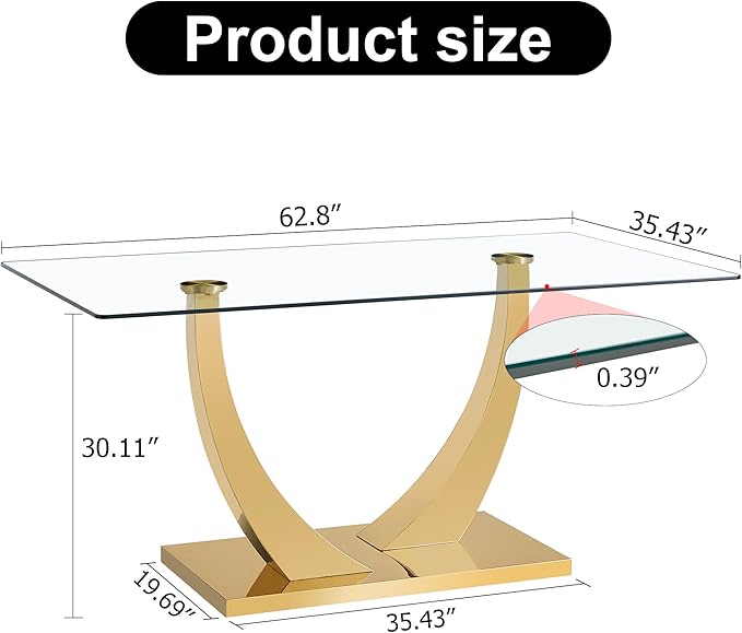 63" Gold Dining Room Table, Glass Dining Table for 4-6 with Rectangular Tempered Glass Tabletop, Modern Kitchen Table with Glossy U Shape Stainless Steel Base for Kitchen Dining Room