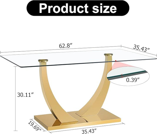 63" Gold Dining Room Table, Glass Dining Table for 4-6 with Rectangular Tempered Glass Tabletop, Modern Kitchen Table with Glossy U Shape Stainless Steel Base for Kitchen Dining Room