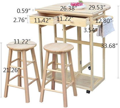 LITOU Kitchen Island on Wheels,Small Kitchen Table with Rolling Casters,Dining Table Set with Folding Drop Leaf 2 Drawers, Small Kitchen Table Set for 2 Square Stools - Natural