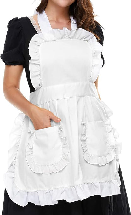 Women's Ruffles Outline Retro Pockets Apron Kitchen Cooking Cleaning Maid Costume (White)