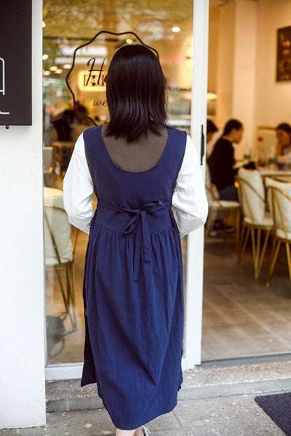 Women Plus Size Cotton Linen Vintage Pleated Split Apron Pinafore Dress with Two Pockets