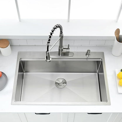 33 Inch Drop In Kitchen Sink Workstation - 33 x 22 Inch Drop In Sinks 16 Gage Stainless Steel Topmount Sinks Single Bowl 10'' Deep Handmade Above the Counter sink with Cutting Board& Strainer