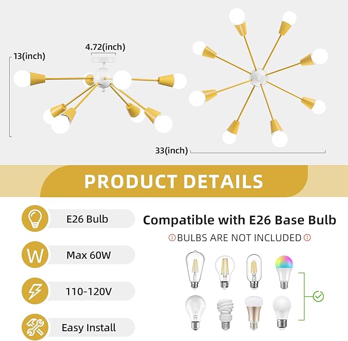 Yellow Sputnik Ceiling Light Fixture, 8-Lights Kids Ceiling Light Semi Flush Mount Ceiling Lights for Bedroom Entryway Kitchen