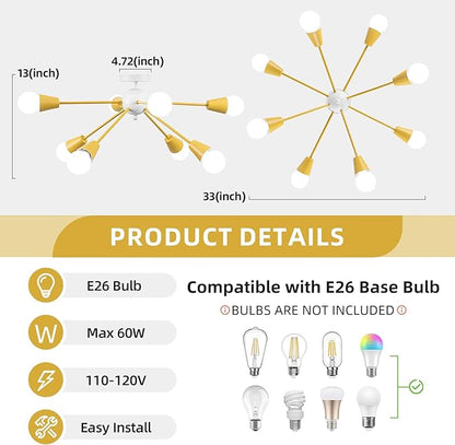 Yellow Sputnik Ceiling Light Fixture, 8-Lights Kids Ceiling Light Semi Flush Mount Ceiling Lights for Bedroom Entryway Kitchen